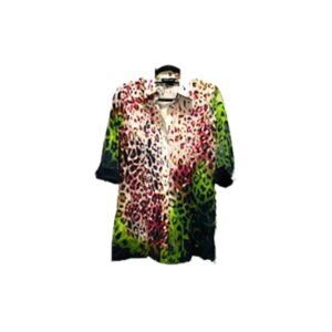 PAPERWHITE Womens 2 Rainbow Watercolor Leopard Button Down Tunic Top Art To Wear